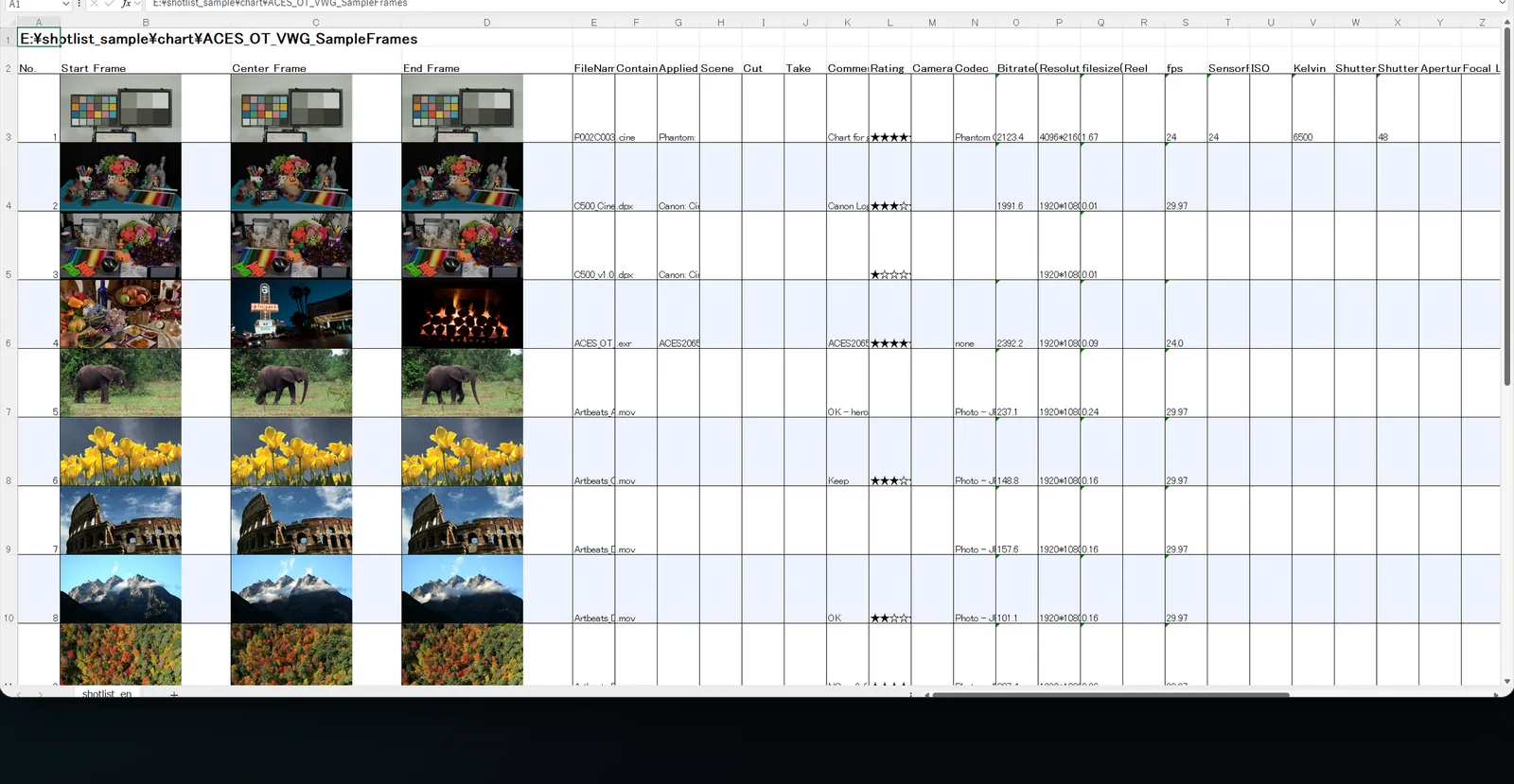 A thumbnail shot list exported to Excel
