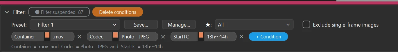 Filtering suspended: the conditions stay, and all 87 clips are shown