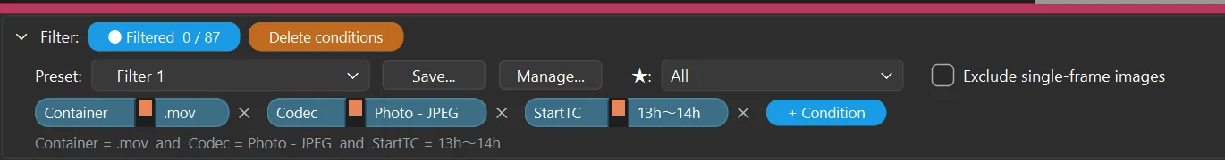 The filter bar with three stacked conditions: Container, Codec and StartTC