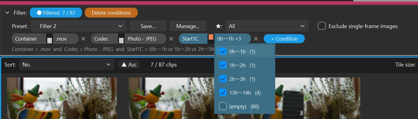 The StartTC value list with four time ranges ticked, narrowing the list to 7 of 87 clips