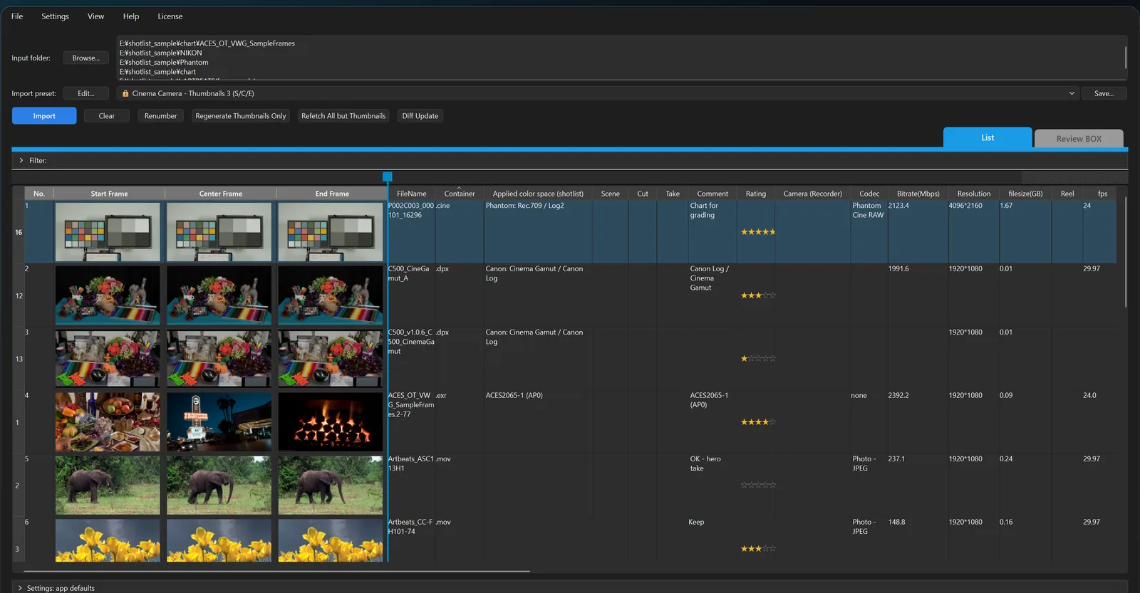 The ShotList2 list view: a thumbnail shot list built automatically