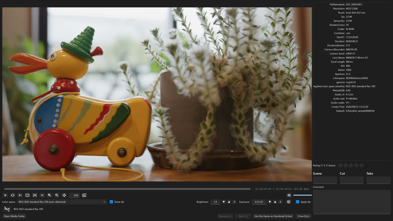 Review player showing a NIKON ZR N-RAW clip in RED standard Rec.709 (exposure +0.33 EV)