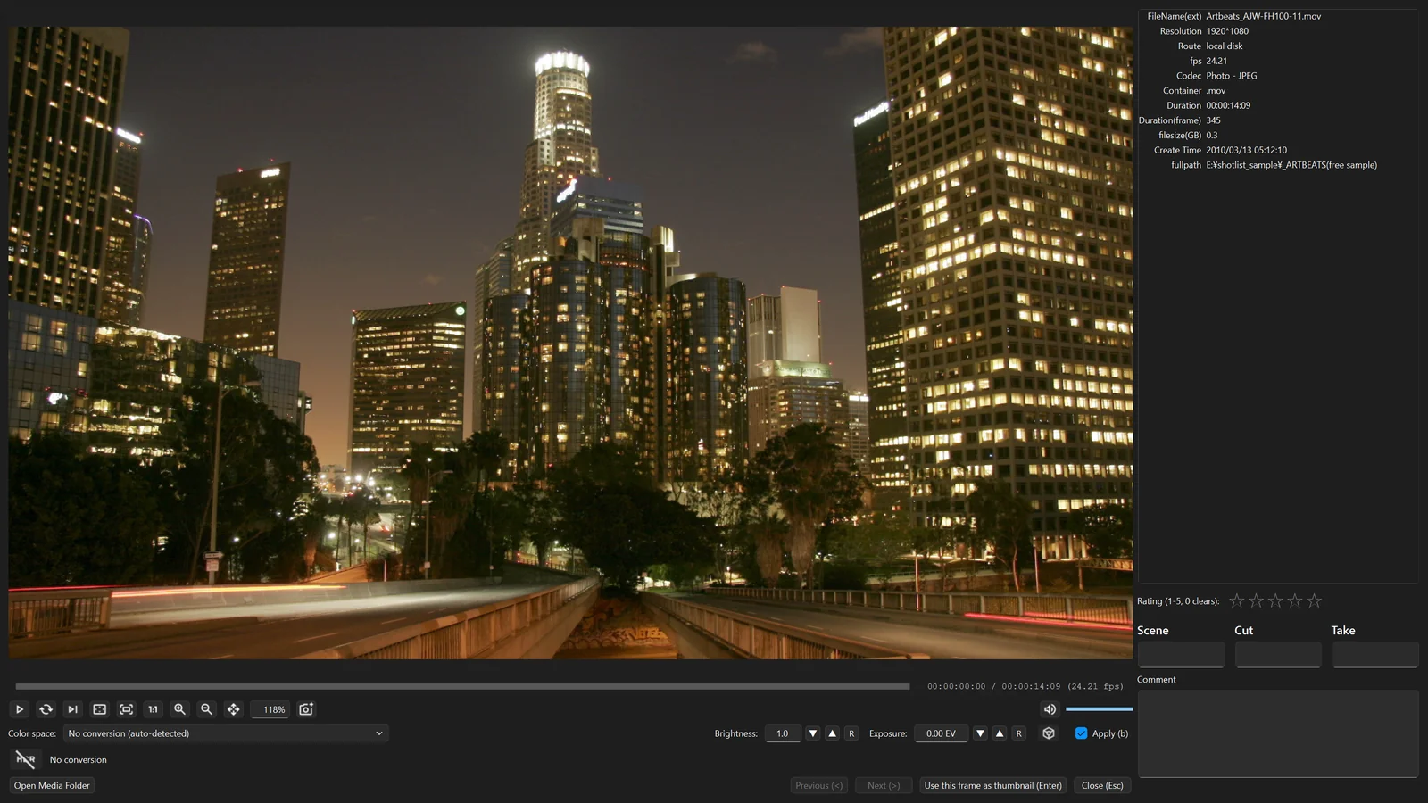 Review player showing a night city clip, with metadata, stars and comment on the right